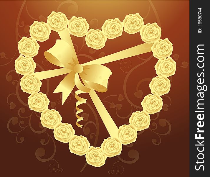 Luxury golden Roses heart background with elegant ribbon. Beautiful harmonic colors. Can be used as Valentines day card, Wedding day card or background etc. Luxury golden Roses heart background with elegant ribbon. Beautiful harmonic colors. Can be used as Valentines day card, Wedding day card or background etc.