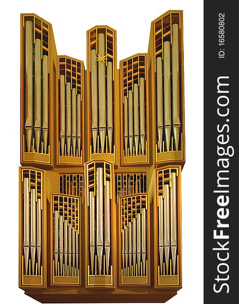 Isolated church organ with many pipes and wooden frame