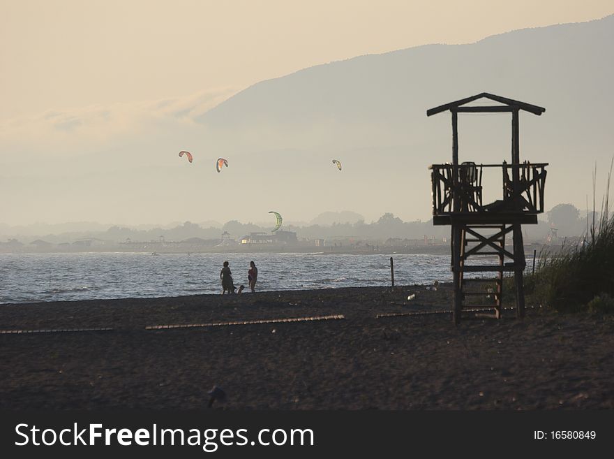 Evening view of old watch tower on a beach. Evening view of old watch tower on a beach