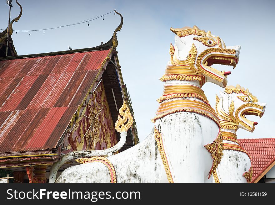 Animals in mythology in front of Thai temple Kanchaburi Thailand