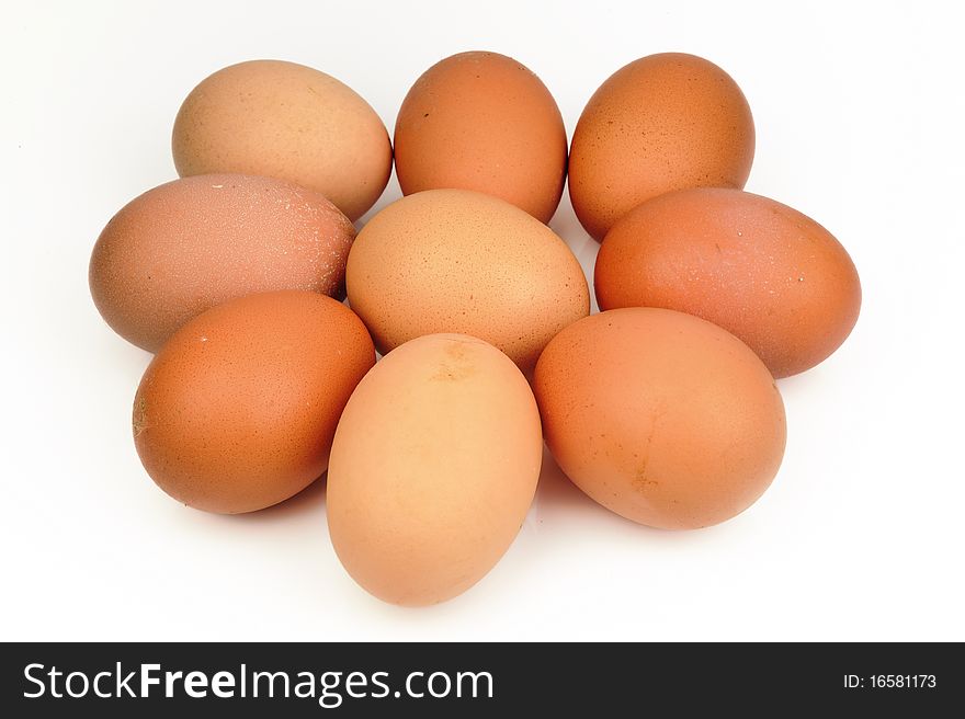 Nine eggs on white background.