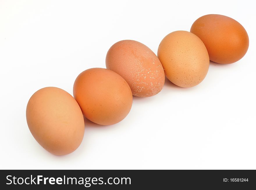 Five eggs on white background.