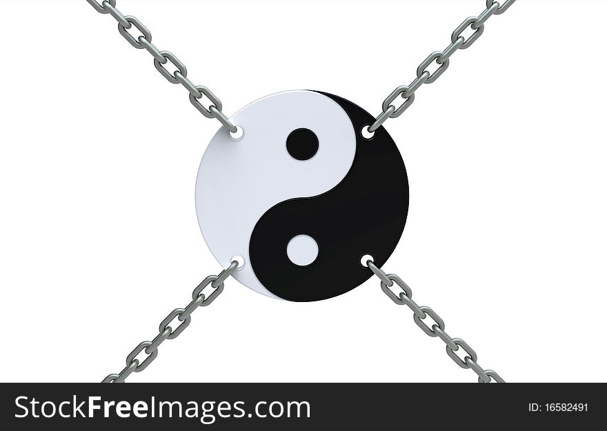 Yin-yang symbol in chains isolated on white, 3d render