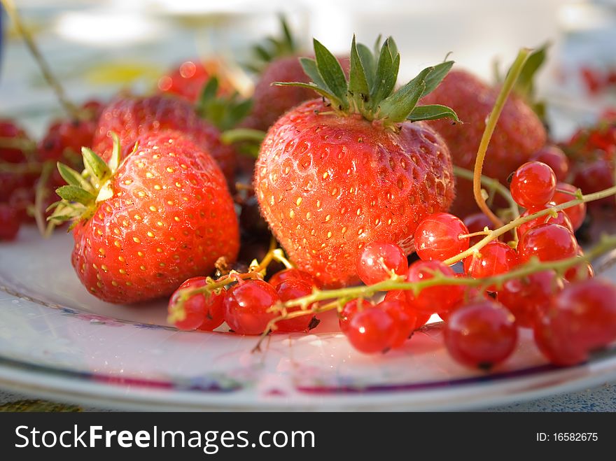 Strawberry and red currant on a plate.