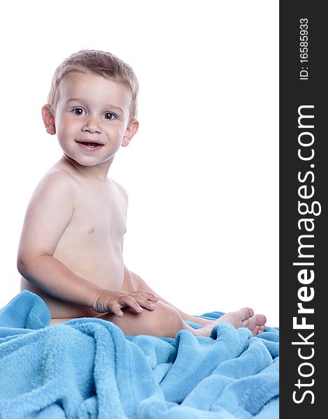 Photo of adorable young boy on white background