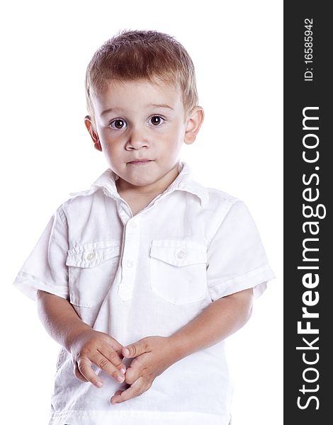 Photo of adorable young boy on white background