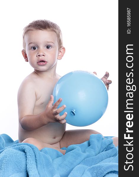 Little boy with balloon on white. Little boy with balloon on white