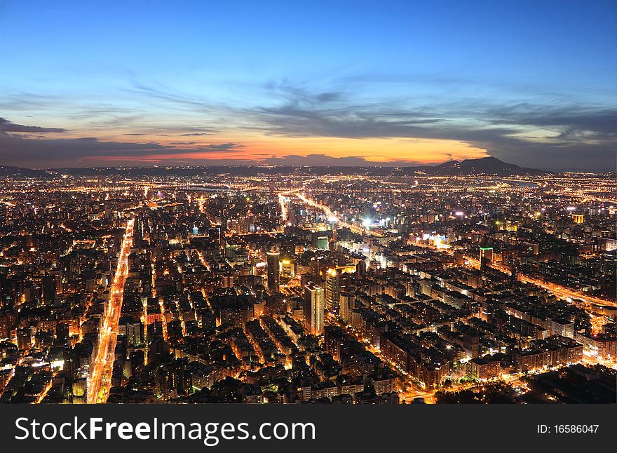 Taipei.Panoramic city skyline at sunset