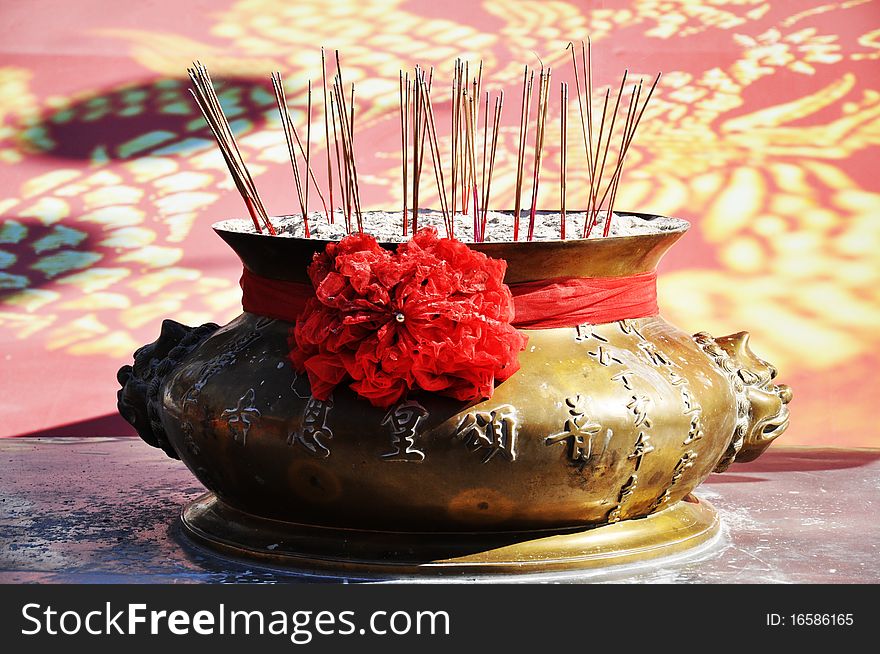 Joss-stick pot on the table, wat lengneyee2 of thailand