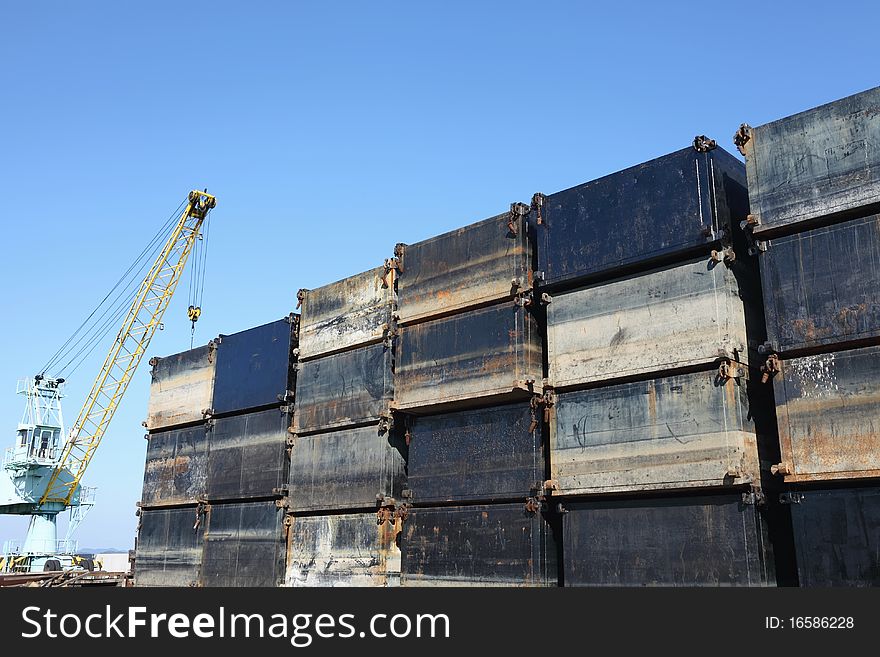 Steel cargo container in the blue sky. Steel cargo container in the blue sky