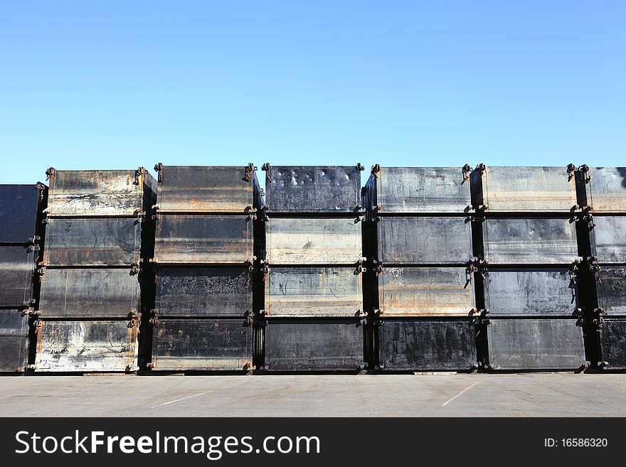 Steel cargo container in the blue sky. Steel cargo container in the blue sky