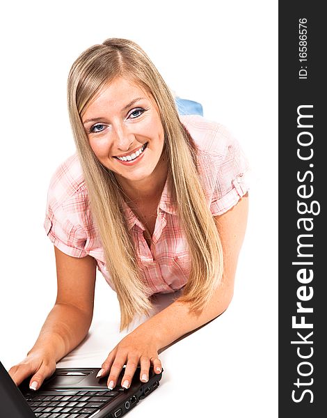 Caucasian woman with notebook on white isolated background