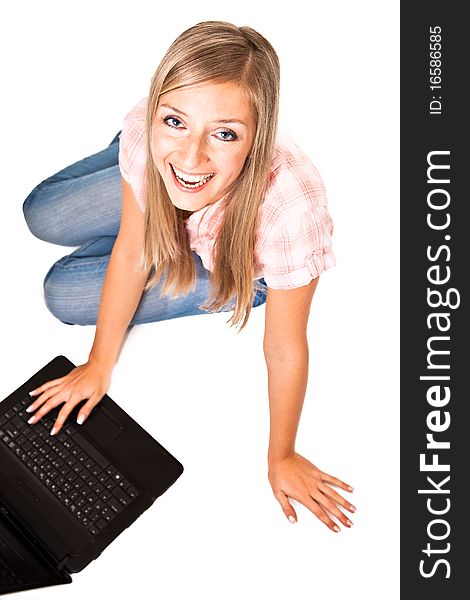 Caucasian woman with notebook on white isolated background