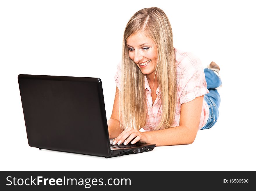 Caucasian woman with notebook on white isolated background