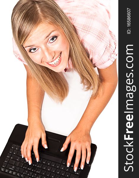 Caucasian woman with notebook on white isolated background