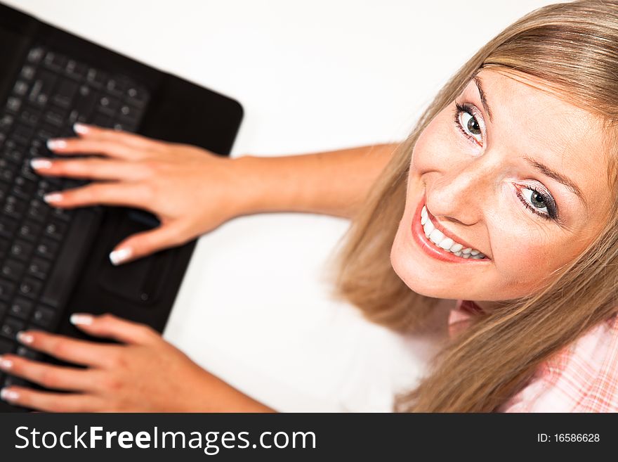 Caucasian woman with notebook on white isolated background