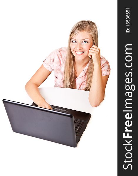 Caucasian woman with notebook on white isolated background