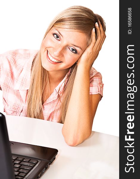 Caucasian woman with notebook on white isolated background