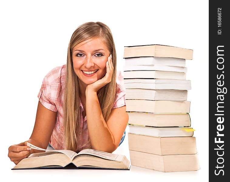 Young adult caucasian woman with books isolated on white. Young adult caucasian woman with books isolated on white