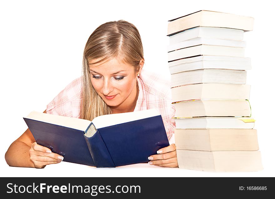 Young adult caucasian woman with books isolated on white. Young adult caucasian woman with books isolated on white