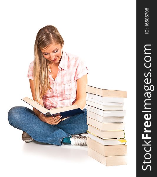 Young adult caucasian woman with books isolated on white. Young adult caucasian woman with books isolated on white