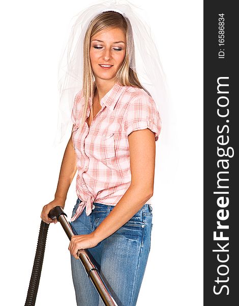 Woman casual clothes & wedding veil vacuum cleaner