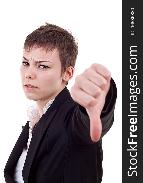 Young business woman gesturing thumbs down over white
