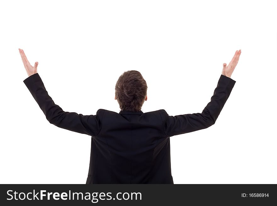 Brunette business woman with her hands in the air - back picture