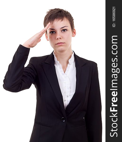 Attractive business woman saluting over white background