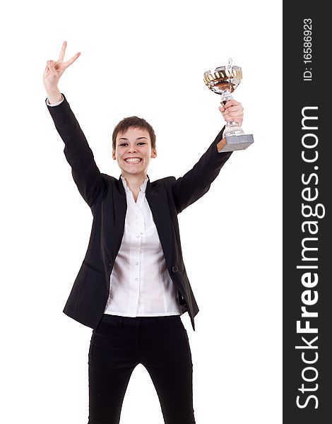 Excited young business woman winning