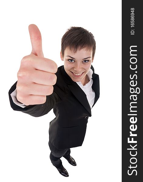 Success woman isolated giving thumbs up sign. Funny business woman in high and wide angle view