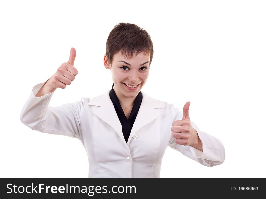 Portrait of a beautiful young business woman showing thumbs up sign with both hands against white background