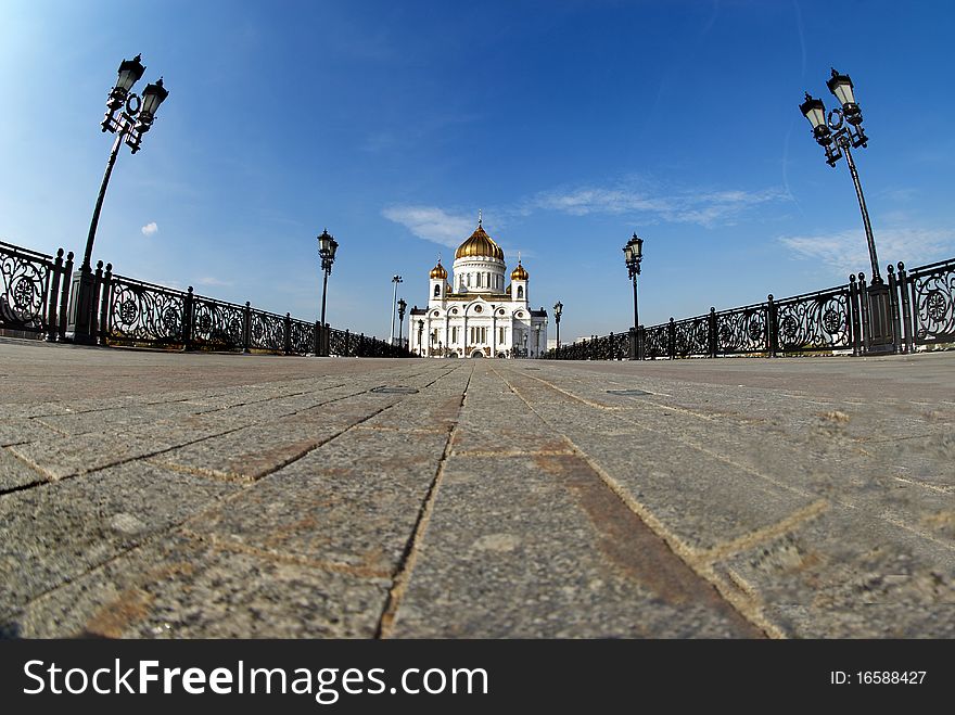 Fish-eye view on the Cathedral of Christ our Savior from the Patriarch's bridge. Fish-eye view on the Cathedral of Christ our Savior from the Patriarch's bridge