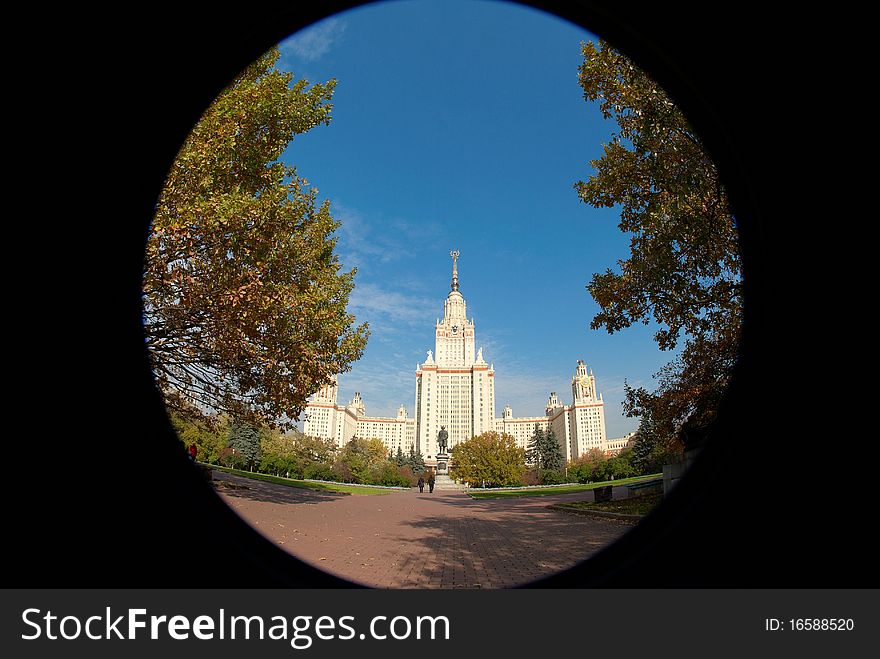 Main building of Moscow University through fish-eye lens