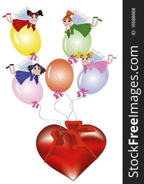 Fairies flying on the balloons tied to heart