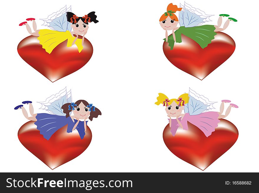 Four funny ,fairy girls flying on the hearts. Four funny ,fairy girls flying on the hearts