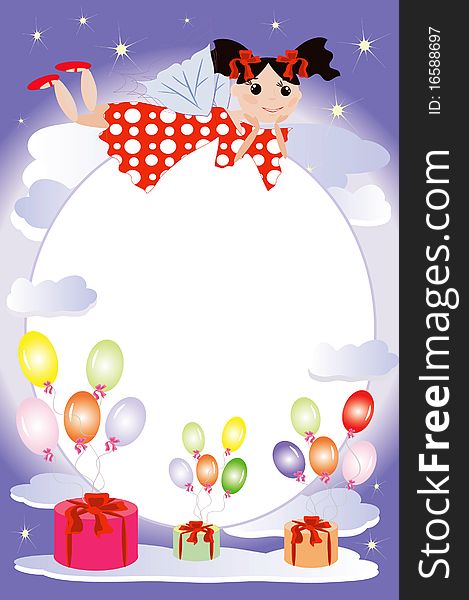 Funny fairy flying on the clouds, frame to the birthday. Funny fairy flying on the clouds, frame to the birthday