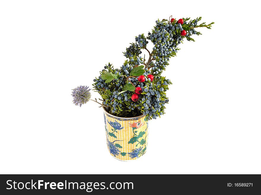 Autumn bouquet in a black vase on a white background