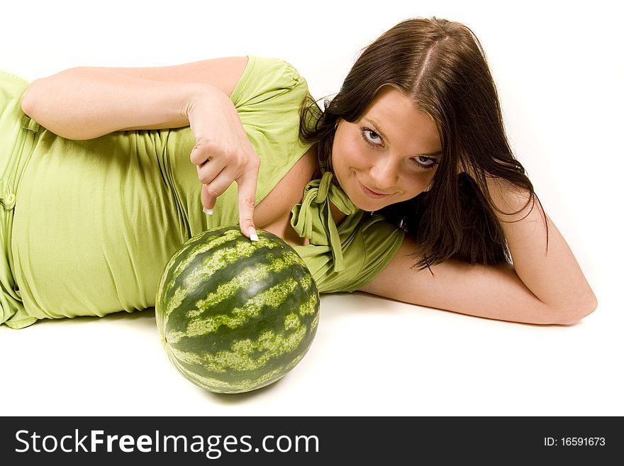 Young girl with citrus fruits on white background. Young girl with citrus fruits on white background