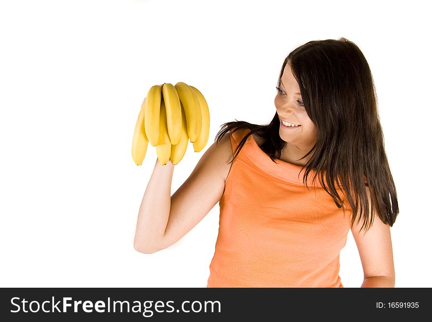 Young girl with citrus fruits on white background. Young girl with citrus fruits on white background