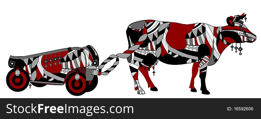Cow with a cart in the ethnic style with a white background. Cow with a cart in the ethnic style with a white background