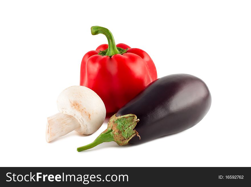 Pepper, mushroom, eggplant isolated on white background. Pepper, mushroom, eggplant isolated on white background.