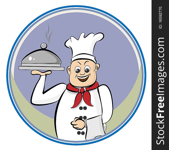 Illustration of happy chef, carrying a covered dish. Illustration of happy chef, carrying a covered dish.