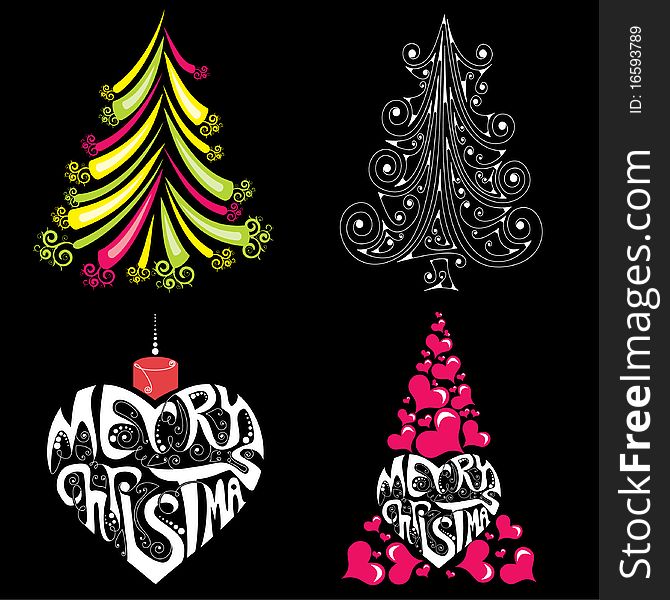 Four bright christmas trees on black background