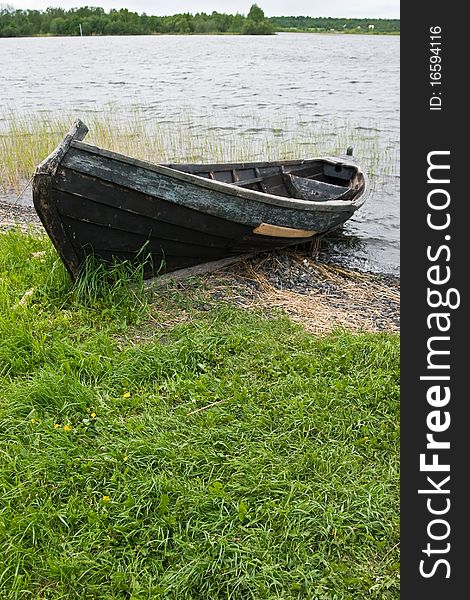 Wooden boat in Kizhi island, Onezhskoe lake, Karelia, Northern Russia.