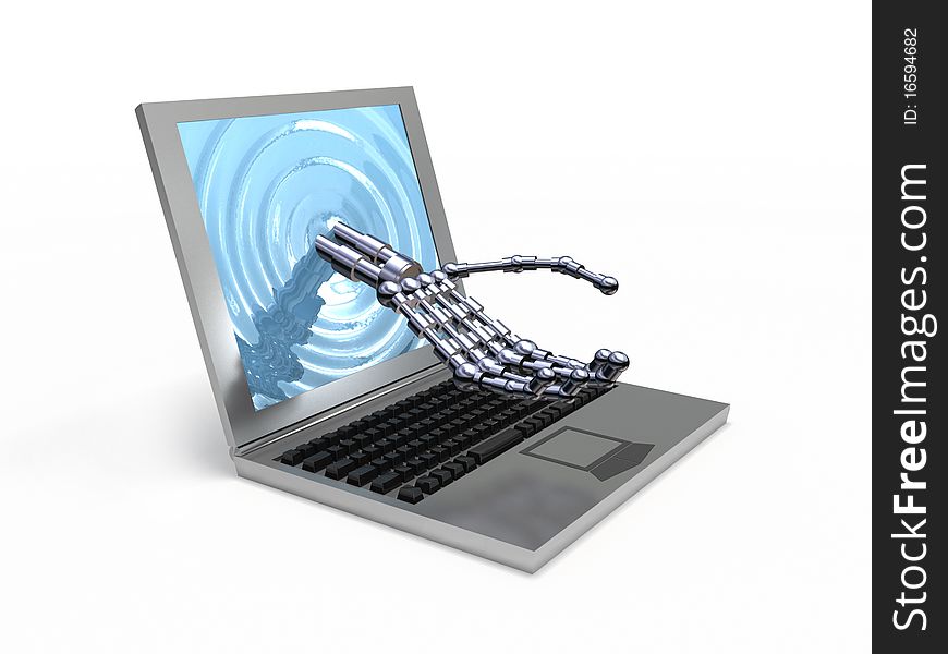 Digital hand and laptop on white background. Digital hand and laptop on white background.
