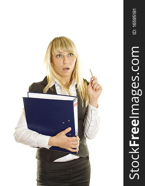 Business woman with a blue folder. Presses the folder to her chest. Isolated on a white background. Business woman with a blue folder. Presses the folder to her chest. Isolated on a white background