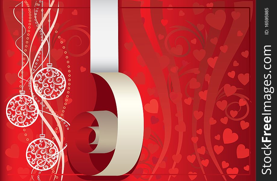 Red christmas background with balls and hearts