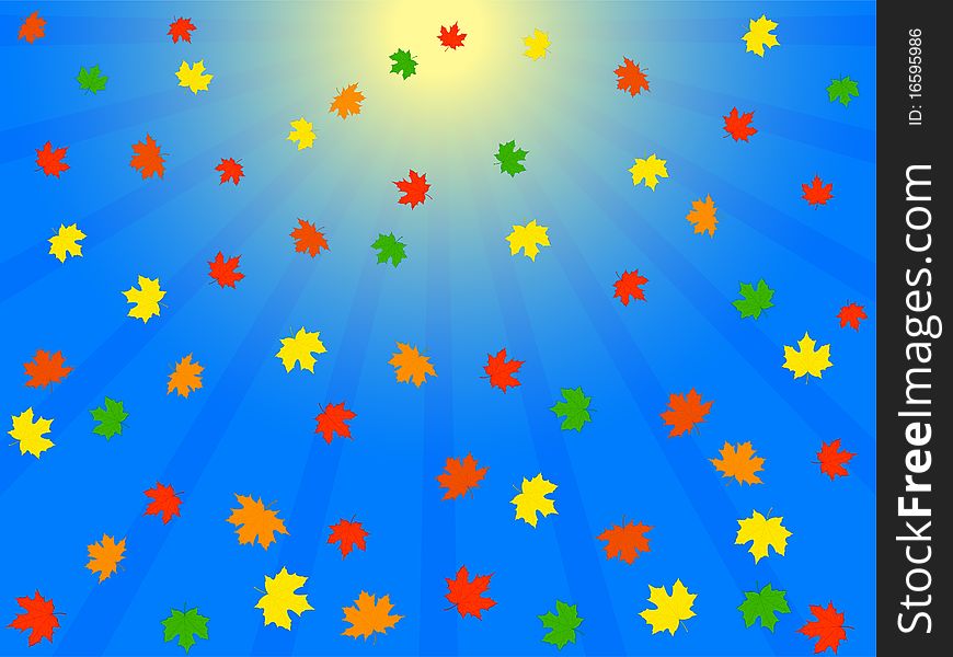 Falling the autumn foliage in blue sky. Vector illustration