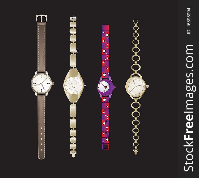Set of modern watches on a brown background